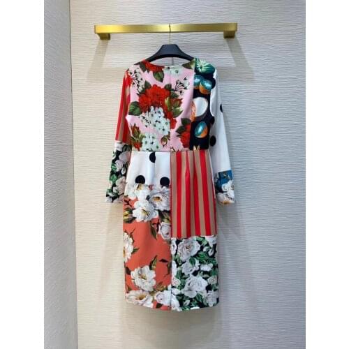 Early Spring Runway 2021 Midi Dress O-Neck Long Sleeve Flowers Strips Patchwork Print Empire Hot Sale Popular Dress