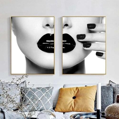 Fashion Black and White Posters and Prints Woman Sexy Lips Finger Canvas Painting Nordic Wall Art Pictures for Living Room