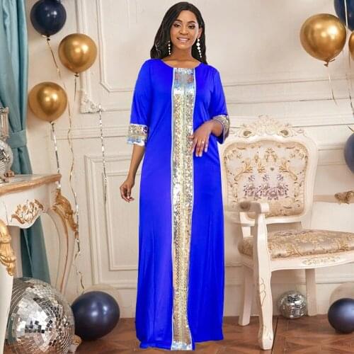 Muslim Ladies Big Swing Long Skirt Round Collar Sequins Middle East Average Size Short Sleeve Dress 2021 New Casual Dubai Abaya