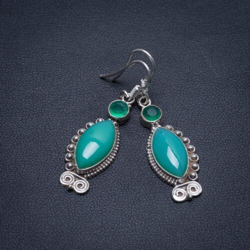 Natural Australian Chrysoprase and Green Quartz Handmade 925 Sterling Silver Earrings 1 3/4" S1684