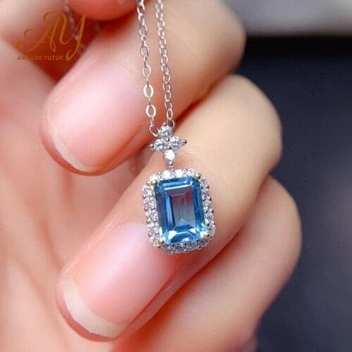 Anillos Yuzuk 925 Silver Jewelry Luxury Blue Square Topaz Necklace Pendant For Women Silver Chain Necklaces Wedding Jewelry