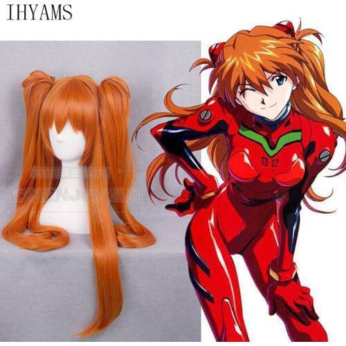 EVA Asuka Langley Soryu Long Synthetic Hair Orange Heat Resistant Cosplay Costume Wig + Wig Cap + 2 Ponytail Clips