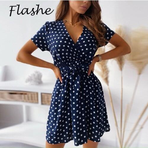 New Boho Dress Women Summer Dot Print Dresses For Women Short Sleeve A Line Dress Casual Mini Dress Office Lady