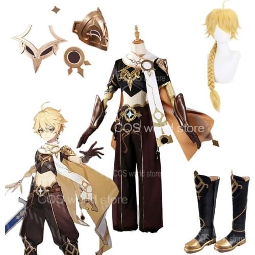 Hot Game Genshin Impact Aether Cosplay Costume Traveler Fashion Combat Uniform Wig Shoes Earring Outfit Role Play Clothing