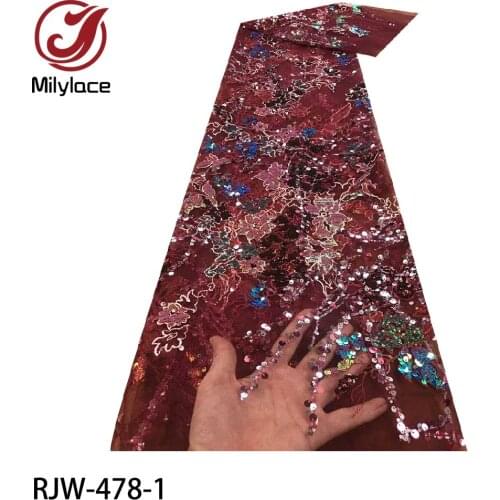 Latest French 3D Sequin Laces Fabrics High Quality Handmade Beaded Tulle Laces Fabric for Wedding Dress RJW-478