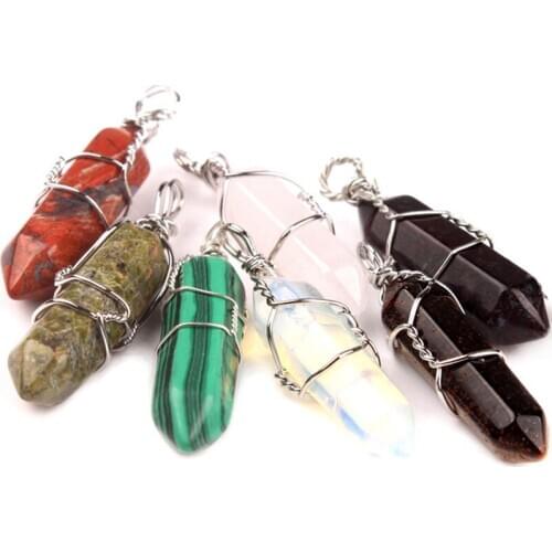Bullet Natural Stone Healing Pointed Pendant Hexagonal Column Pendant Circle Winding Wire Pink Crystal Women Yoga Jewelry