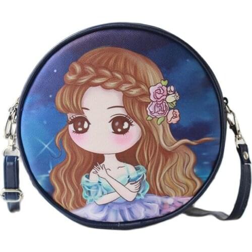 Mini children shoulder round bag PU leather cartoon princess printing kids crossbody small money phone pouch for girls