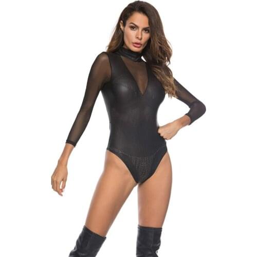 Sexy PU Leather Mesh Lingerie Transparent Female Bodysuit Erotic Latex Catsuit Jumpsuit Women Pole Dance