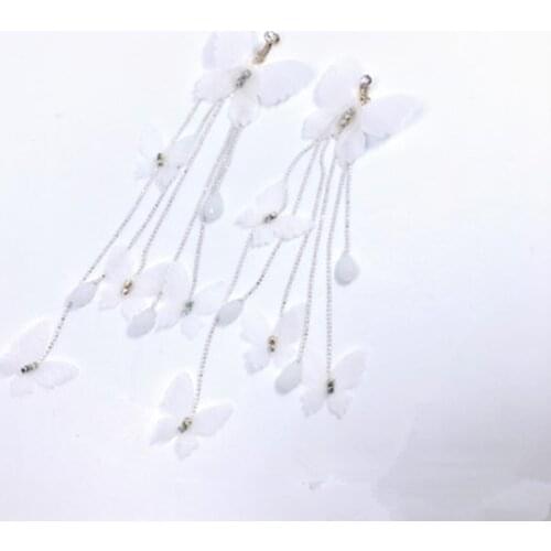White Butterfly Long Tassel Hanging Fringing Dangle Drop Earrings For Women Crystal Statement Ethnic Earring Handmade Jewelry
