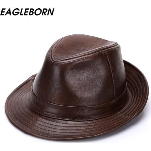 New Genuine Leather Cowhide Men Wedding Church Winter British Jazz Hat Men Leather Hat Fedora High Quality Business Man Hats