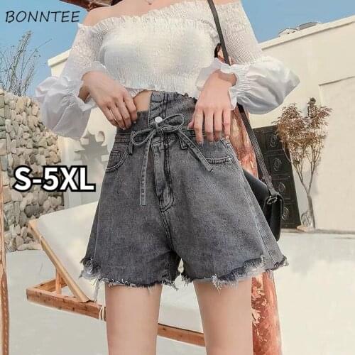 Shorts Women Denim Casual Chic Ulzzang Cool Girl Sweet Fashion Pockets Distressed Lace-up Students Sweetwear Cute High Waist New