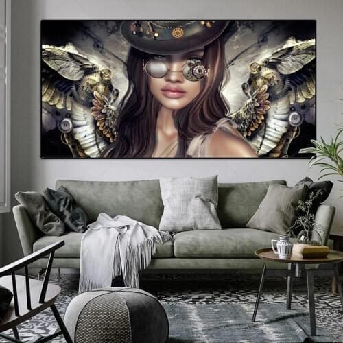 Steampunk Angels with Glasses Sexy Women Girl Portrait Canvas Painting Posters and Prints Wall Art Picture for Living Room Decor