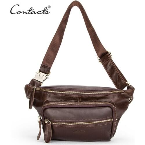 CONTACTS Quality Shoulder Bags Genuine Leather Men Waist Bag Leather Fanny Pack Large Capacity Casual Belt Bag Male Waist Packs