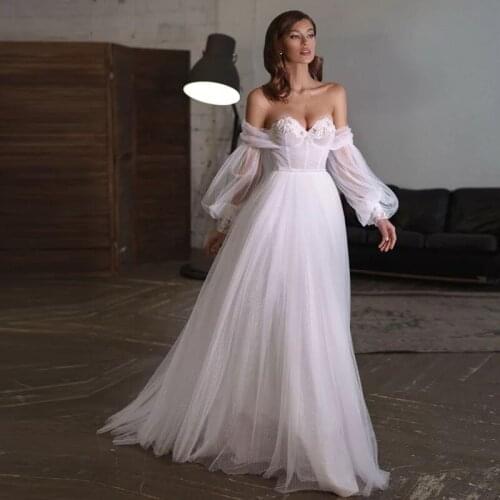 Puffy Sleeve Wedding Dresses 2021 A-Line Sweetheart Off The Shoulder Lace Appliques Princess Tulle Bridal Gown Sweep Train
