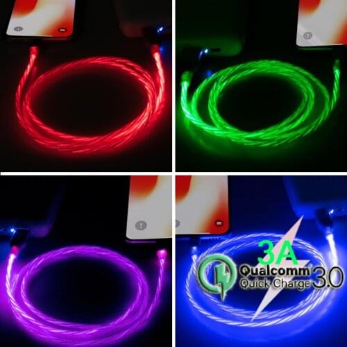 3A Lighting Wire Flowing LED Cable Micro USB C Charging Cable Type C Fast Charger Cable QC 3.0 Quick Charge Mobile Phone Cable