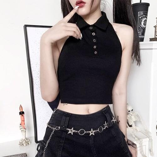 Punk Halter Back Tops Summer Gothic Sleeveless Button Up Crop Top Streetwear Slim Ribbed Backless Tank Top