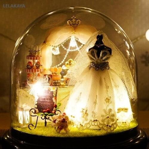 Spring Flowers DIY Handmade Mini Doll House White Wedding Dress Wooden Miniature Home Assembling Decoration Glass Ball Dollhouse