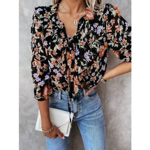2021 New Floral Print Ruffles V Neck Blouse Tops Women Three Quarter Casual Blouse Shirt Ladies