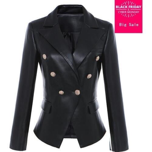 Fashion brand metal buttons pu leather blazer 2020 spring new women 's Korean version double breast suit jacket wj2008