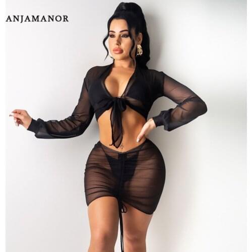 ANJAMANOR Sexy Sheer Mesh 2 Piece Sets Womens Outfits 2021 Summer Crop Top Blouse Skirt Suits Beach Vacation Outfits D29-CF26
