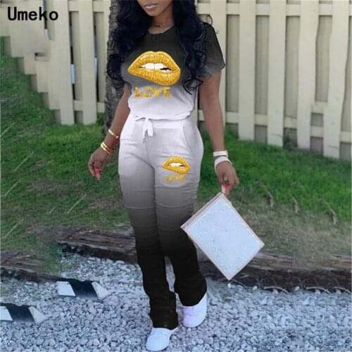 Umeko Women 2021 Autumn Fashion Gradient Love Lips Print Tshirts Jogger Pant Suit Two Piece Set Sport Tracksuit Outfit Matching