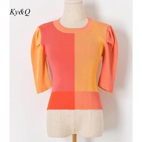2021 Spring Summer New Color Contrast Bubble Sleeve Round Neck Knitted Pullover Women Runway Designer Chic Jumper Tops Female