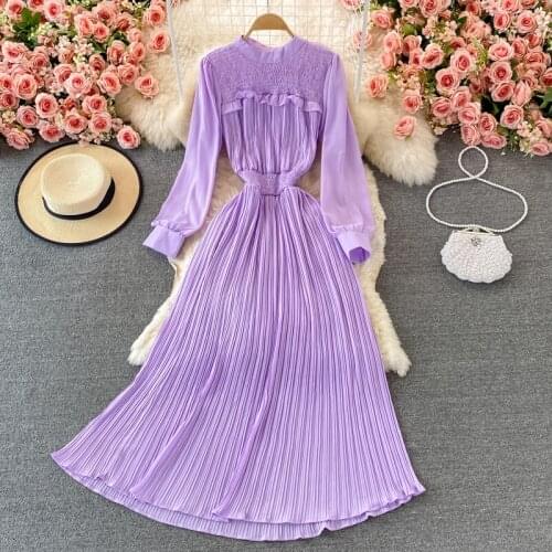 Autumn Purple/Green/Pink Draped Long Dress Women Elegant O-Neck Puff Sleeve High Waist Pleated Party Maxi Robe Korean Fashion