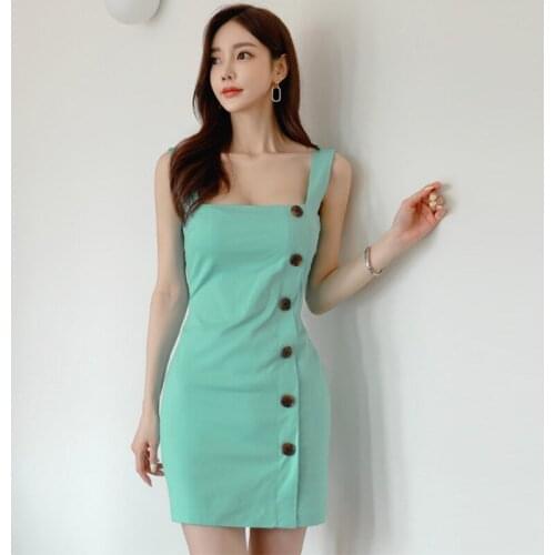 Fashion Korean Vintage Strap Sleeveless Mini Party Dress Ladies OL Elegant Coffee Break Casual Single Breasted Split Short Dress