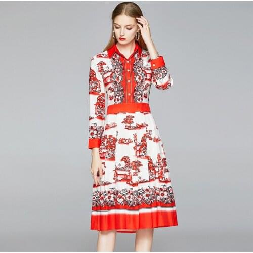 2021 New Autumu Elegant Temperament Vestidos Womens Lapel Long-sleeved Single-breasted Printed Waist Midi Dress DF511