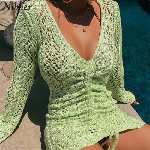 Nibber Autumn Long Sleeve V Neck Hollow Out Women Bodycon Knitted Mini Dress Knitwear 2021 Fall Wholesale Clothes Streetwear
