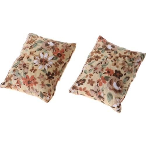 2pcs Beige Floral Cushion Pillow For 1/12 Dollhouse Sofa Bed Accessory Decor