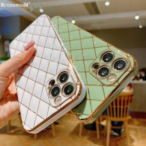 Rhombus Gold Electroplating Phone Case For iPhone 11 12 Pro Xr Xs Max 12 Mini SE2 7 8 Plus Soft Bumper Camera Protection Cover