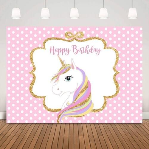 Unicorn Children Happy Birthday Background Party Decoration Cartoon Pink White Dots Newborn Kids Customize Birthday Backdrop