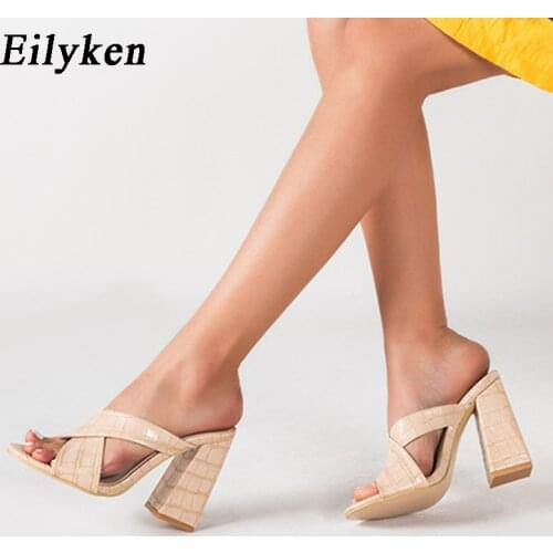 Eilyken Summer Snake Print Peep Toe Thick High Heels Slippers Fashion Hollow Cross Strap Gladiator Sandals Women Dress Shoes