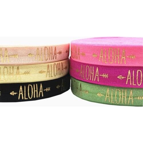 Gold Aloha Arrow Print Fold Over Elastic Ribbon DIY Hawaiian Birthday Hair Ties, Beach Party Gift Decoration Accessory 16mm 10Y