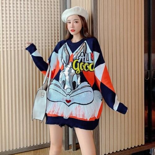 Geometric Rhombic Womens sweater and pullover 2020 Autumn Fashion Kawaii Sequins Appliques Cartoon cute Knitted Outwear Top