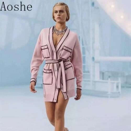 Runway Fashion Pink Long Sweater Cardigans V-Neck Long Sleeve Pocket Elegant Christmas 2021 Clothes With Sashes Knitted Outwear