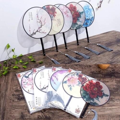 Chinese Style Round Fan with Wooden Handle Portable Printed Vintage Fan Dance Wedding Favors