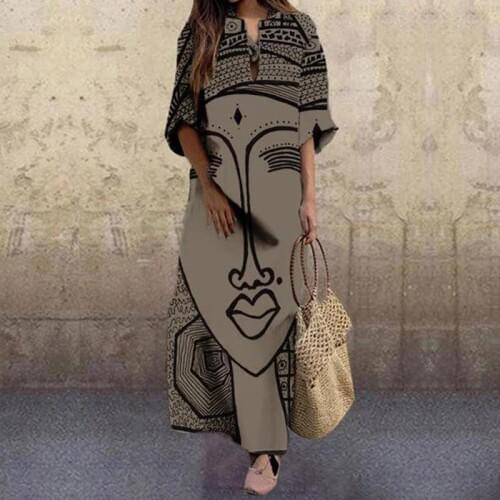 Summer Maxi Dress For Women 2021 Plus Size Retro Cartoon Print Half Sleeve Loose Flowy V-Neck Beach Dreeses Evening Party Dress