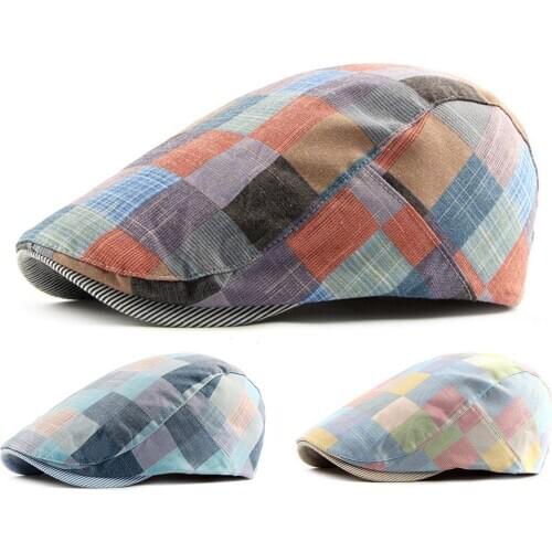 Fashion Men Women Plaid Cotton Newsboy Hat Flat Cap Adjustable Beret with Visor Sun Flat Cabbie Hat Unisex