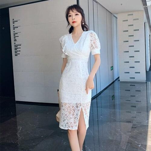 Fashion Vintage Korean Lace Perspective Puff Sleeve Midi Party Dress Ladies Elegant Casual Embroidery Bodycon Female Split Dress