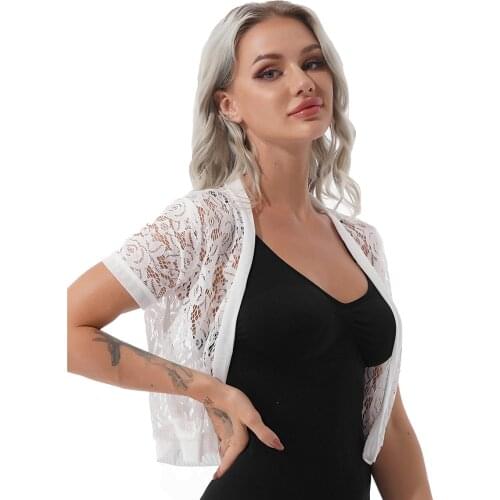 Gentle Women Thin Open Stitch Cardigan Shrug Short Sleeve Hollow Out Lace Blouse Outwear Party Night Evening Dresses Short Coat