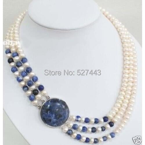 Wholesale 3row Charming! 8-9MM Natural White Akoya Cutlured Pearl & lapis Beads Necklace
