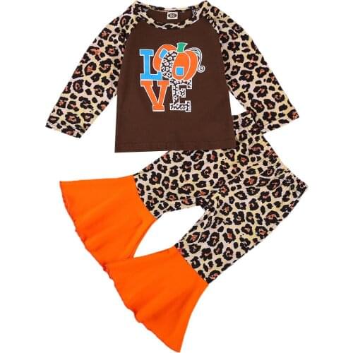 2 Pieces Baby Girls Autumn Outfits Long Sleeve Leopard Print Round Love Print T-Shirt Flared Trousers Patchwork Set 1-5Y