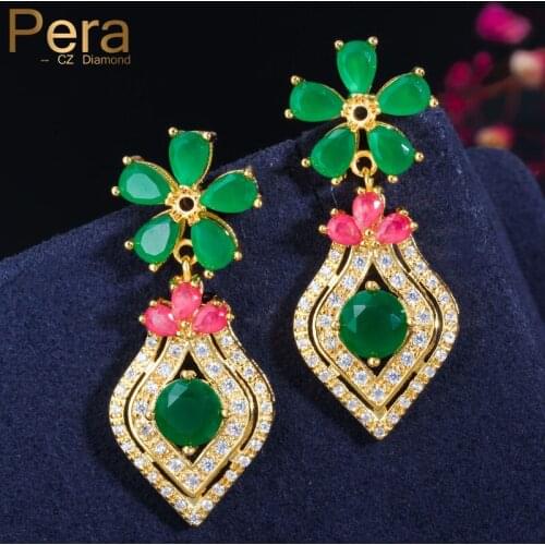 Pera Top Quality Nigerian Dubai 585 Gold CZ Paved Big Drop Flower Earring for Luxury Women Wedding Cubic Zirconia Jewelry E490