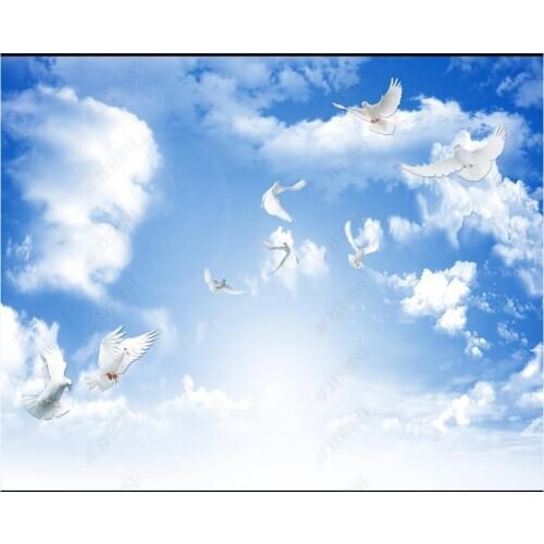 Custom ceiling wallpapers for walls 3 d ceiling zenith murals Blue sky white cloud sky pigeon ceiling background wall painting