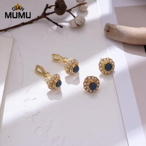 Blue Vintage Pearl Flower Earrings For Women Wedding Jewelry Engagement Bridal Exquisite Accessories Anniversary Gift