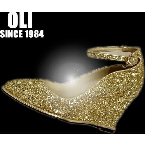 Gold paillette wedding shoes wedges pointed toe single shoes bride womens shoes genuine leather high-heeled shoes belt spring
