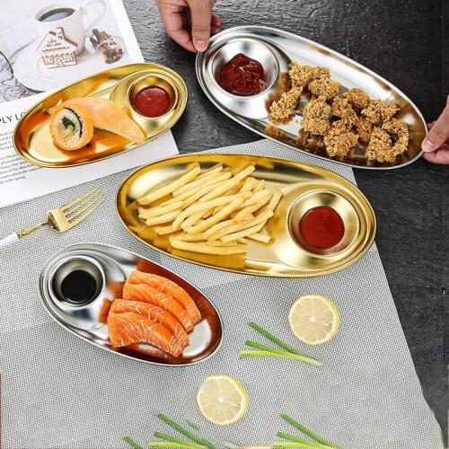 304 Stainless Steel Snack Plate Condiment Divided Tray Sauce Dish Salad Tomato Sauce Dessert Plates Fries Fried Chicken Plate