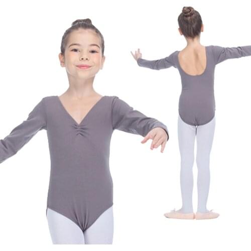 Retail Wholesale Gray Cotton/Lycra Long Sleeve Pinch Front V Neck Ballet Dancing Leotard for Girls and Ladies